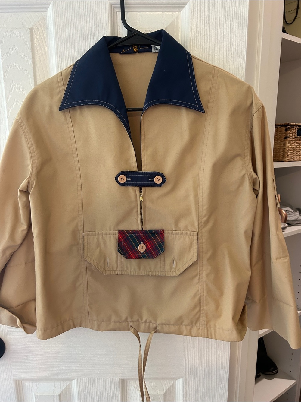 Beige Raincoat with Navy Contrast Collar